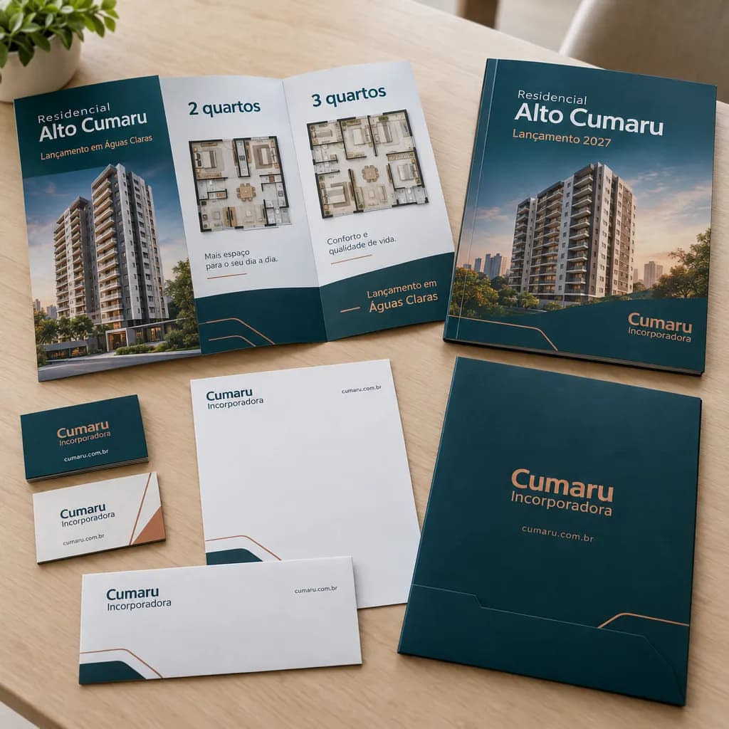Impressos da incorporadora fictícia Cumaru Incorporadora em azul-petróleo e cobre: folder aberto do lançamento Residencial Alto Cumaru com plantas de 2 e 3 quartos, catálogo Lançamento 2027, cartões de visita, papel timbrado, envelope e pasta