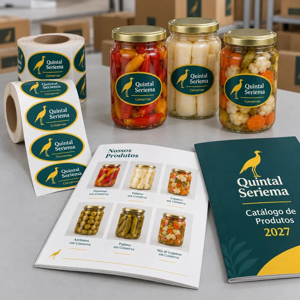 Impressos da indústria fictícia de conservas Quintal Seriema em verde-petróleo e amarelo: dois rolos de rótulos ovais em bobina, três potes de pimenta, palmito e legumes com o rótulo aplicado, catálogo aberto na página Nossos Produtos e outro fechado com a capa Catálogo de Produtos 2027