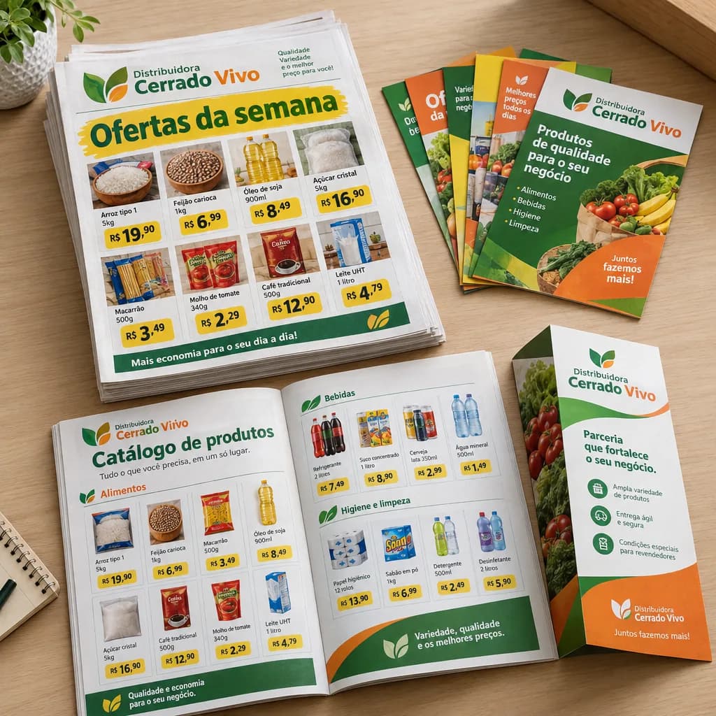 Tabloides de ofertas, catálogo de produtos aberto, flyers e folder da distribuidora fictícia Distribuidora Cerrado Vivo, em verde e laranja, sobre uma mesa de madeira