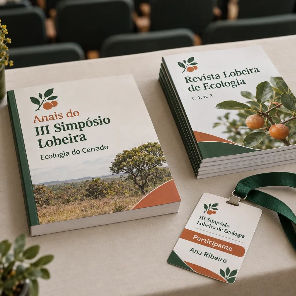 Impressos do simpósio acadêmico fictício Simpósio Lobeira de Ecologia em verde e terracota: livro dos anais do III Simpósio Lobeira, pilha da Revista Lobeira de Ecologia e crachá de participante com cordão verde sobre a mesa de credenciamento