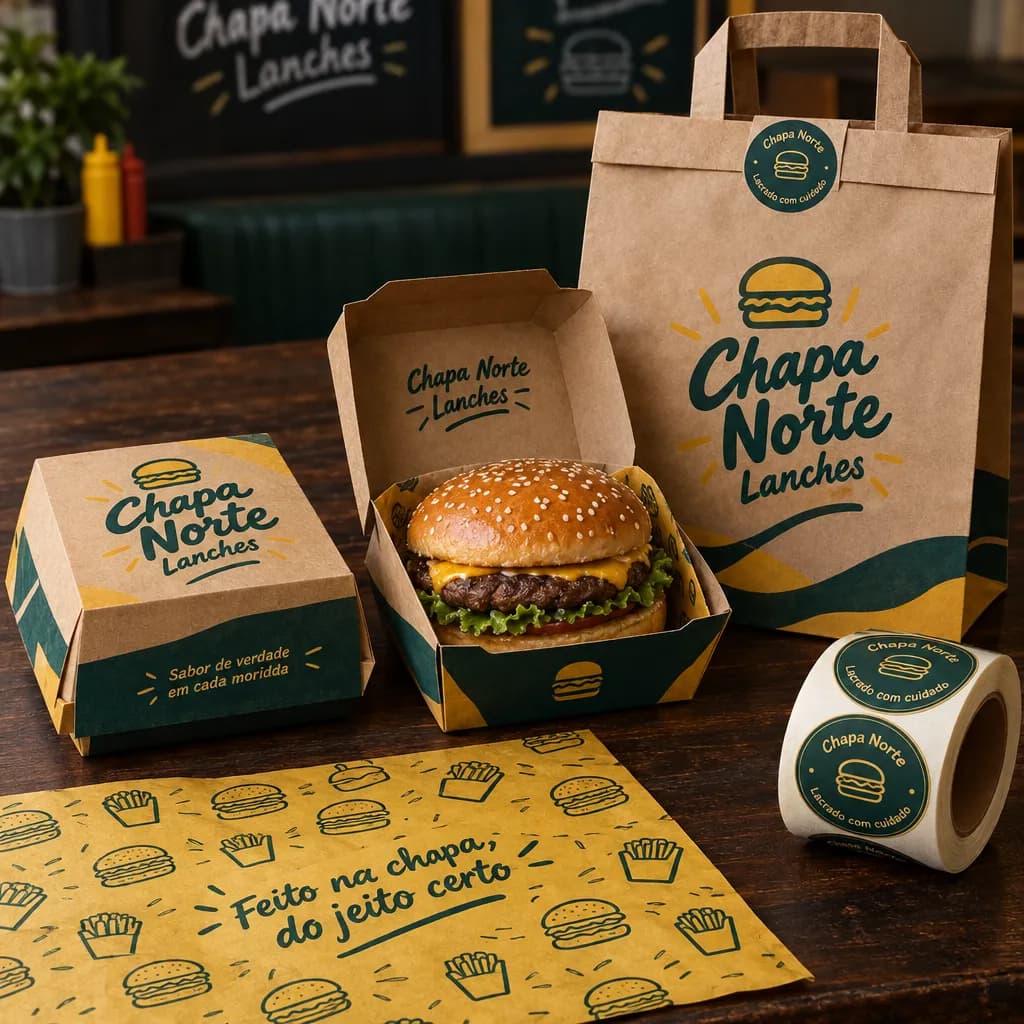 Embalagens de delivery da lanchonete fictícia Chapa Norte Lanches em kraft, verde-petróleo e amarelo: caixa de hambúrguer aberta com o lanche e outra fechada, saco kraft com alça, papel de bandeja ilustrado e rolo de rótulos redondos Lacrado com cuidado
