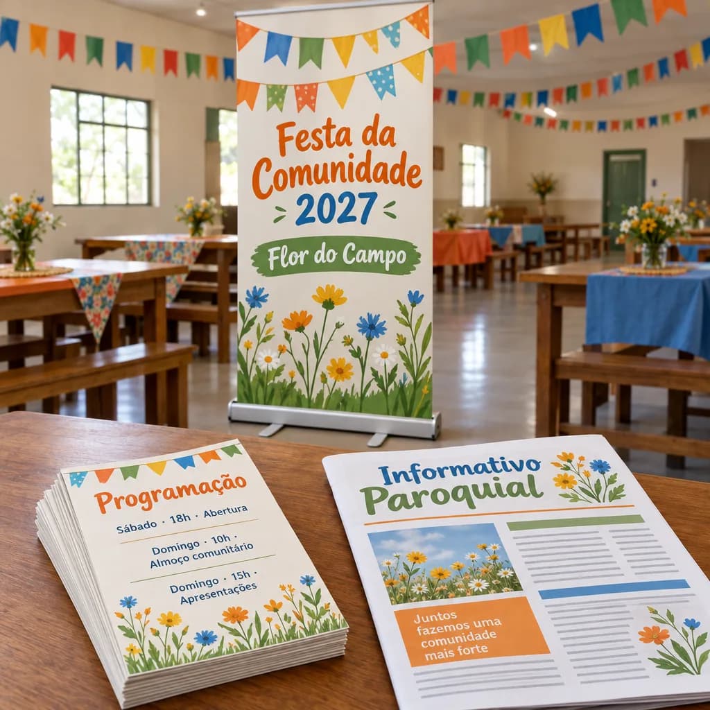 Impressos da festa comunitária fictícia Flor do Campo em salão enfeitado com bandeirinhas: banner roll-up Festa da Comunidade 2027 com ilustração de flores do campo, pilha de folhetos de programação e um informativo paroquial genérico sobre a mesa