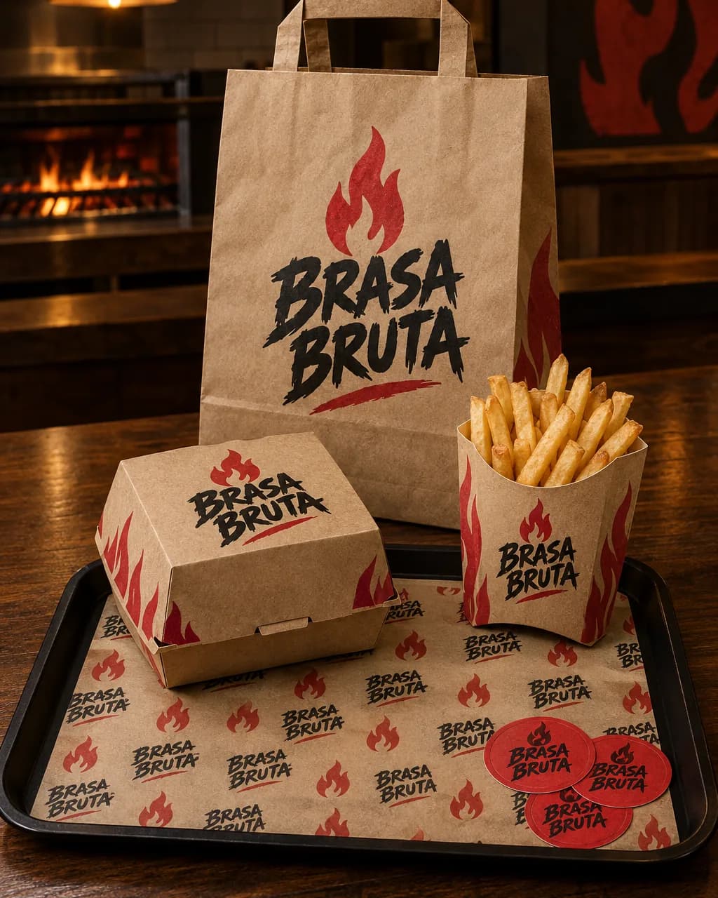 Família de embalagens da hamburgueria fictícia Brasa Bruta em kraft impresso preto e vermelho: caixa de hambúrguer, saco de delivery, porta-fritas, adesivos e papel de bandeja