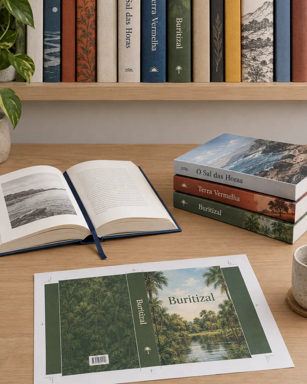 Livros de editoras fictícias na estante e sobre a mesa, com um exemplar de capa dura aberto e a prova impressa da capa de Buritizal com marcas de corte