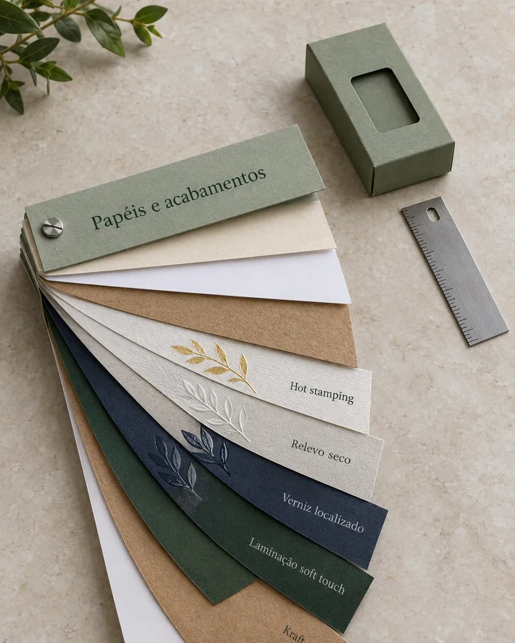 Mostruário de papéis e acabamentos aberto em leque: papel sem revestimento, couché, kraft, hot stamping dourado, relevo seco, verniz localizado e laminação soft touch