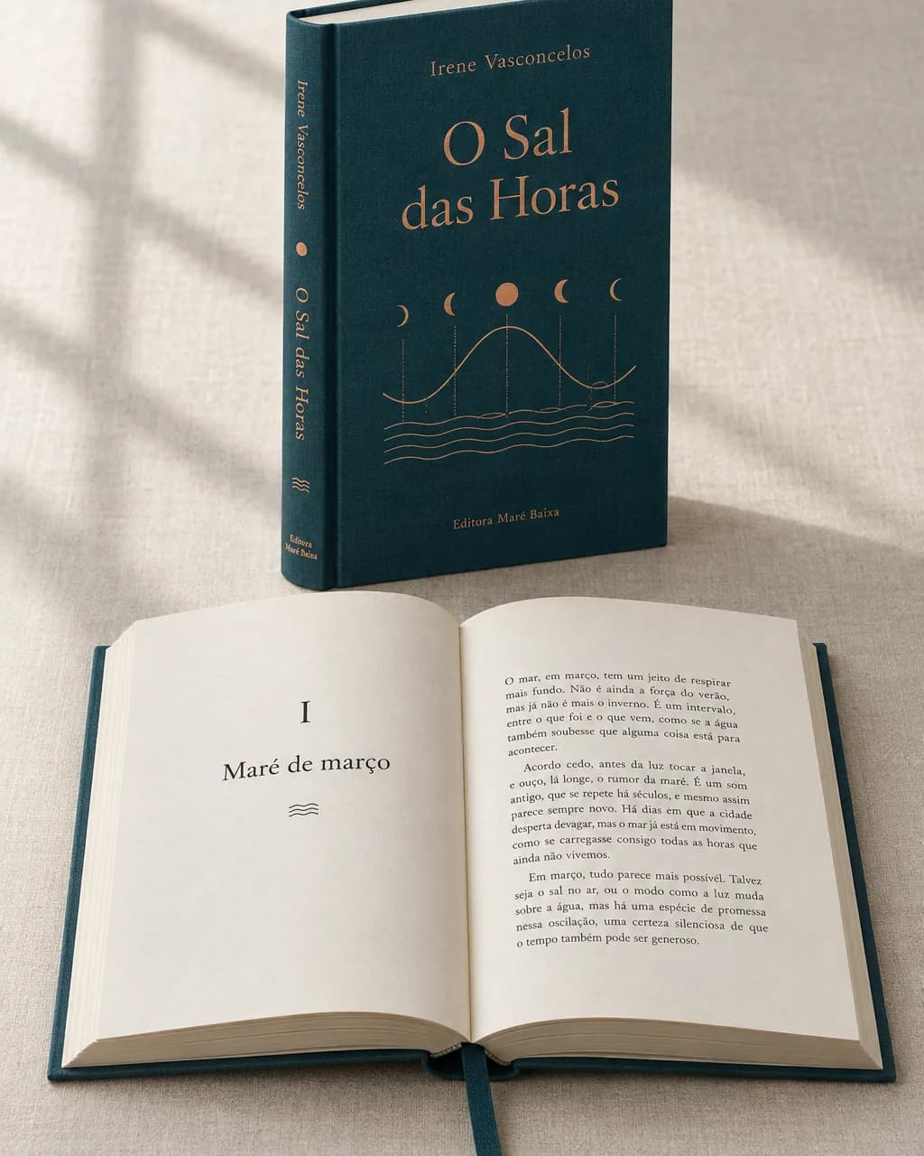 Romance O Sal das Horas, da Editora Maré Baixa: capa dura em tecido azul-petróleo com gráfico de marés em hot stamping cobre, um exemplar aberto na abertura de capítulo