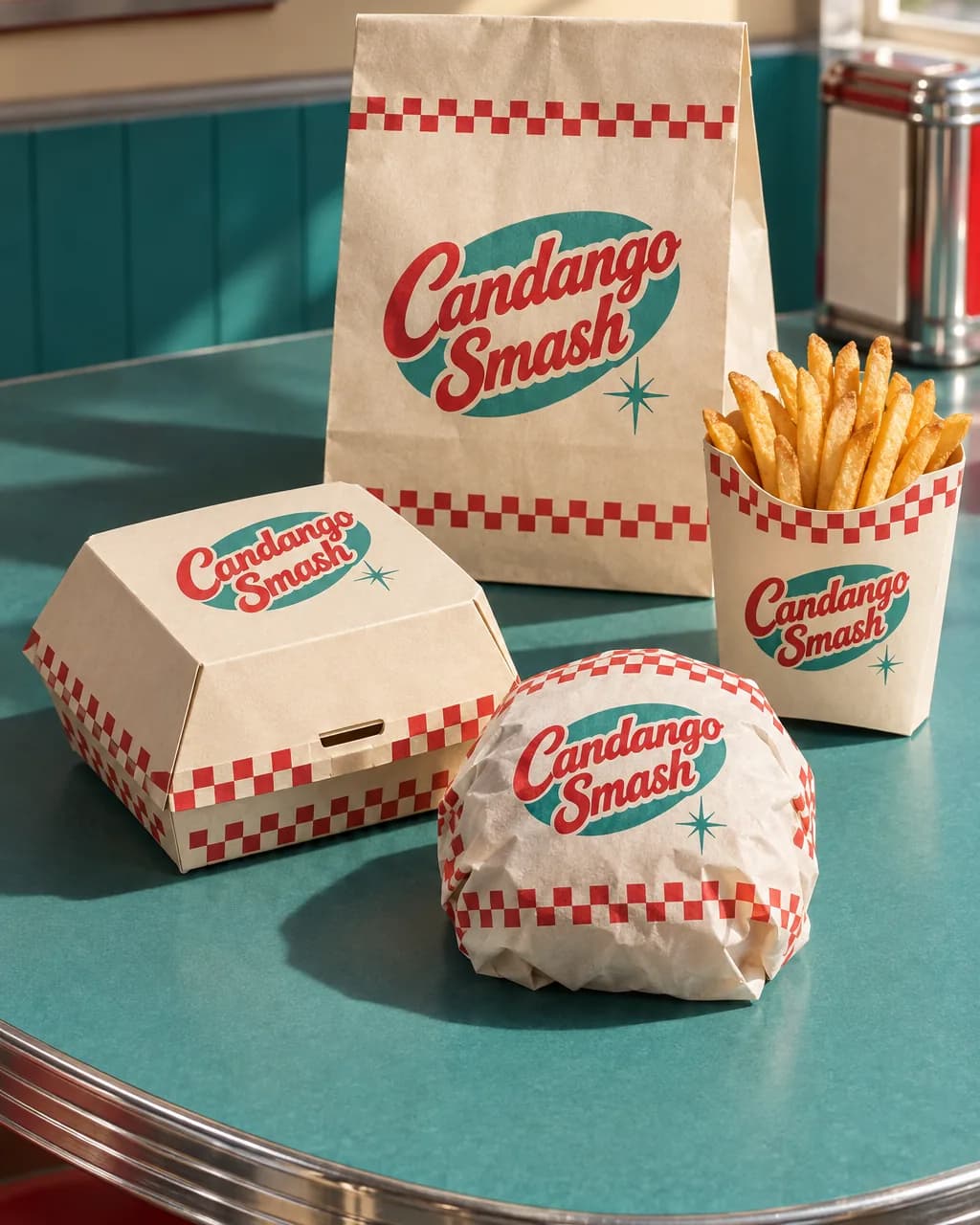 Kit da hamburgueria Candango Smash em creme, vermelho e verde-água: caixa montada, hambúrguer embrulhado, porta-fritas e saco de papel sobre balcão de lanchonete