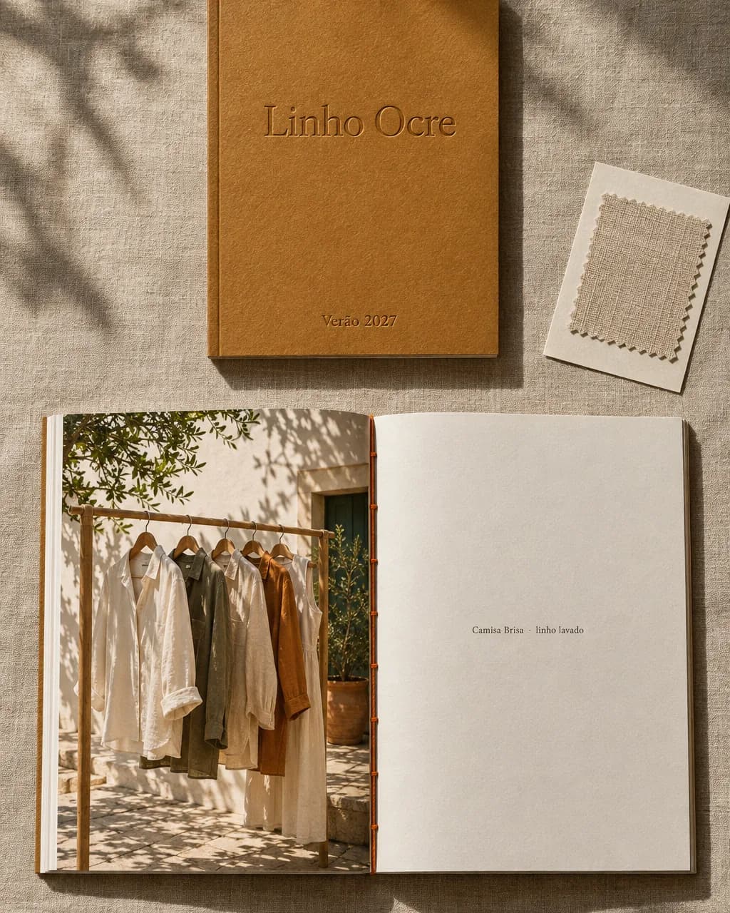 Lookbook Linho Ocre Verão 2027 aberto sobre tecido de linho, com fotografia de roupas em arara e encadernação de costura aparente