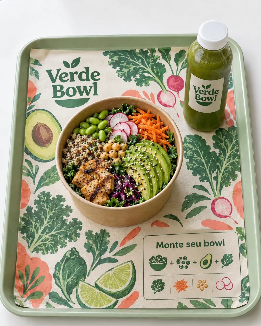 Bandeja com papel impresso da rede Verde Bowl, ilustrado com abacate, couve e rabanete, com bowl de salada e suco por cima
