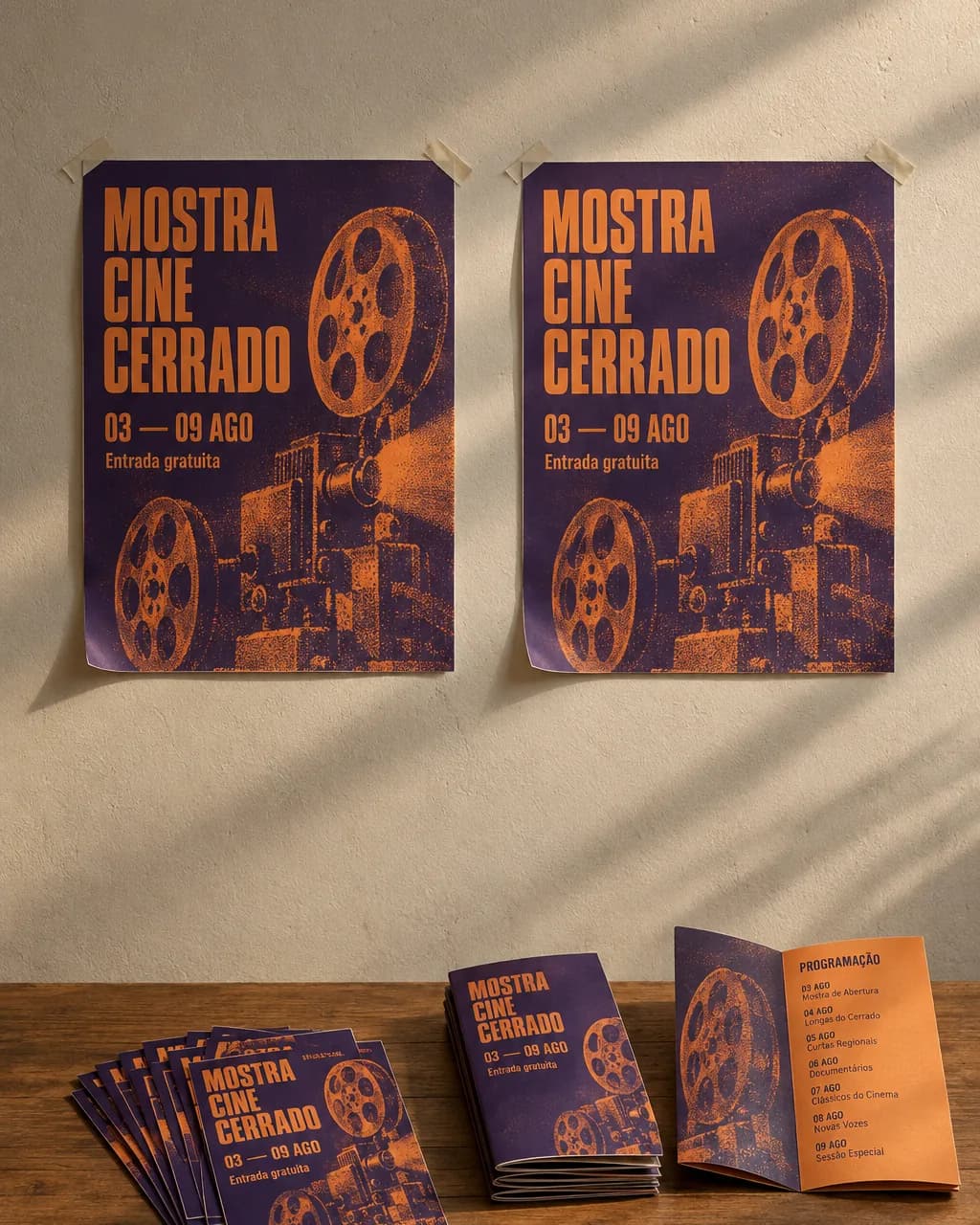 Campanha da Mostra Cine Cerrado 2027: cartazes em duotone violeta e laranja fixados na parede e flyers espalhados sobre a mesa