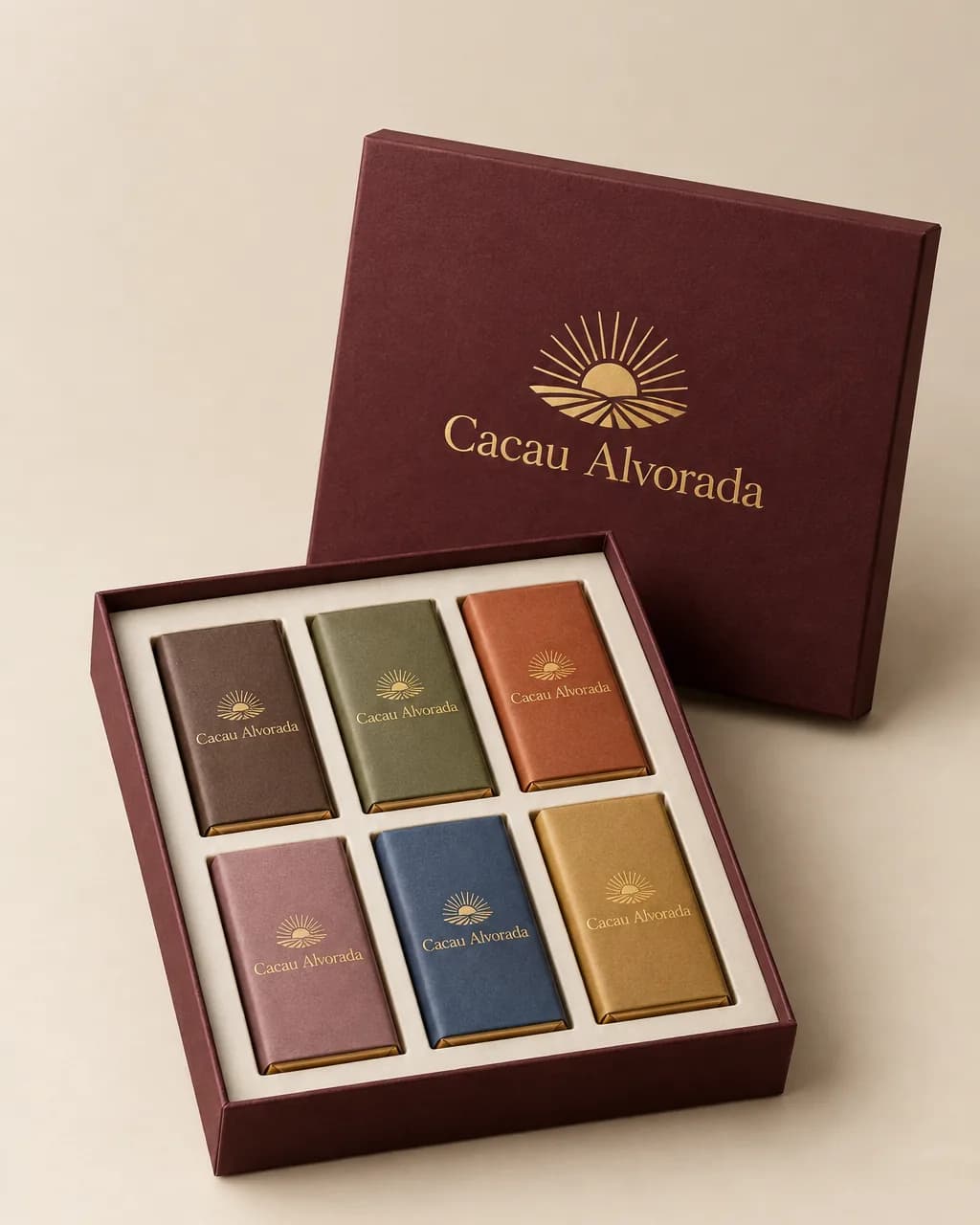 Caixa rígida bordô da chocolateria Cacau Alvorada com emblema dourado, tampa apoiada e seis barras de chocolate no berço interno