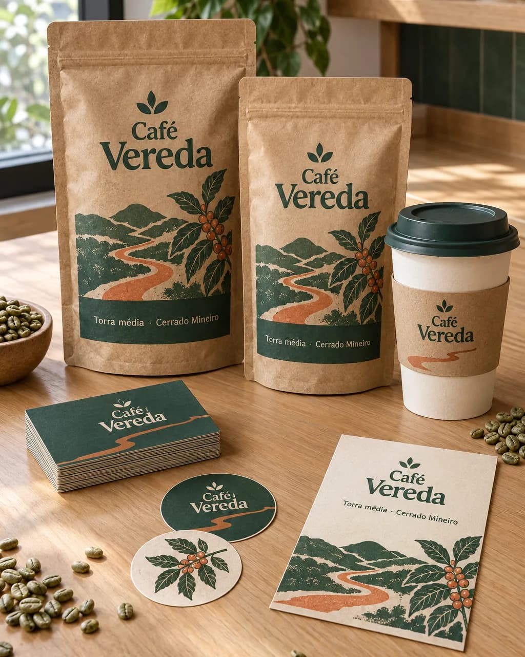 Conjunto impresso do Café Vereda: embalagens kraft de café com rótulo, cartões fidelidade, copo com luva impressa e adesivos sobre balcão de madeira