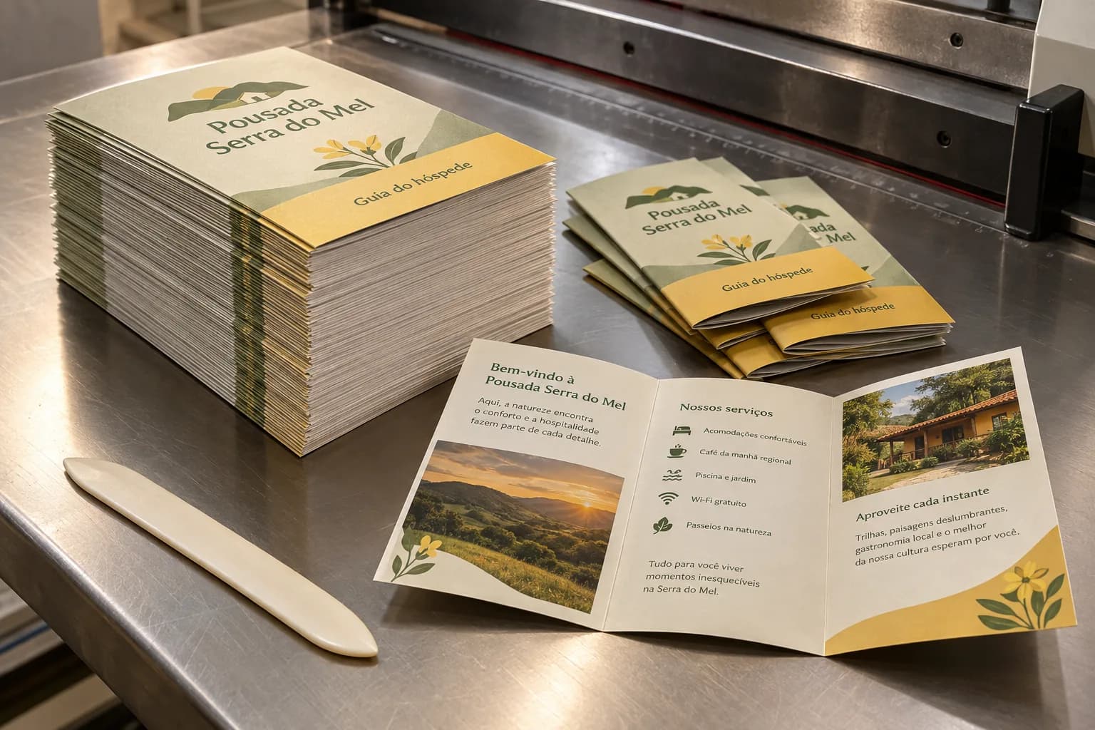 Pilha de folhas recém-refiladas com bordas limpas, dobradeira de osso, folder vincado e cadernos de livro dobrados