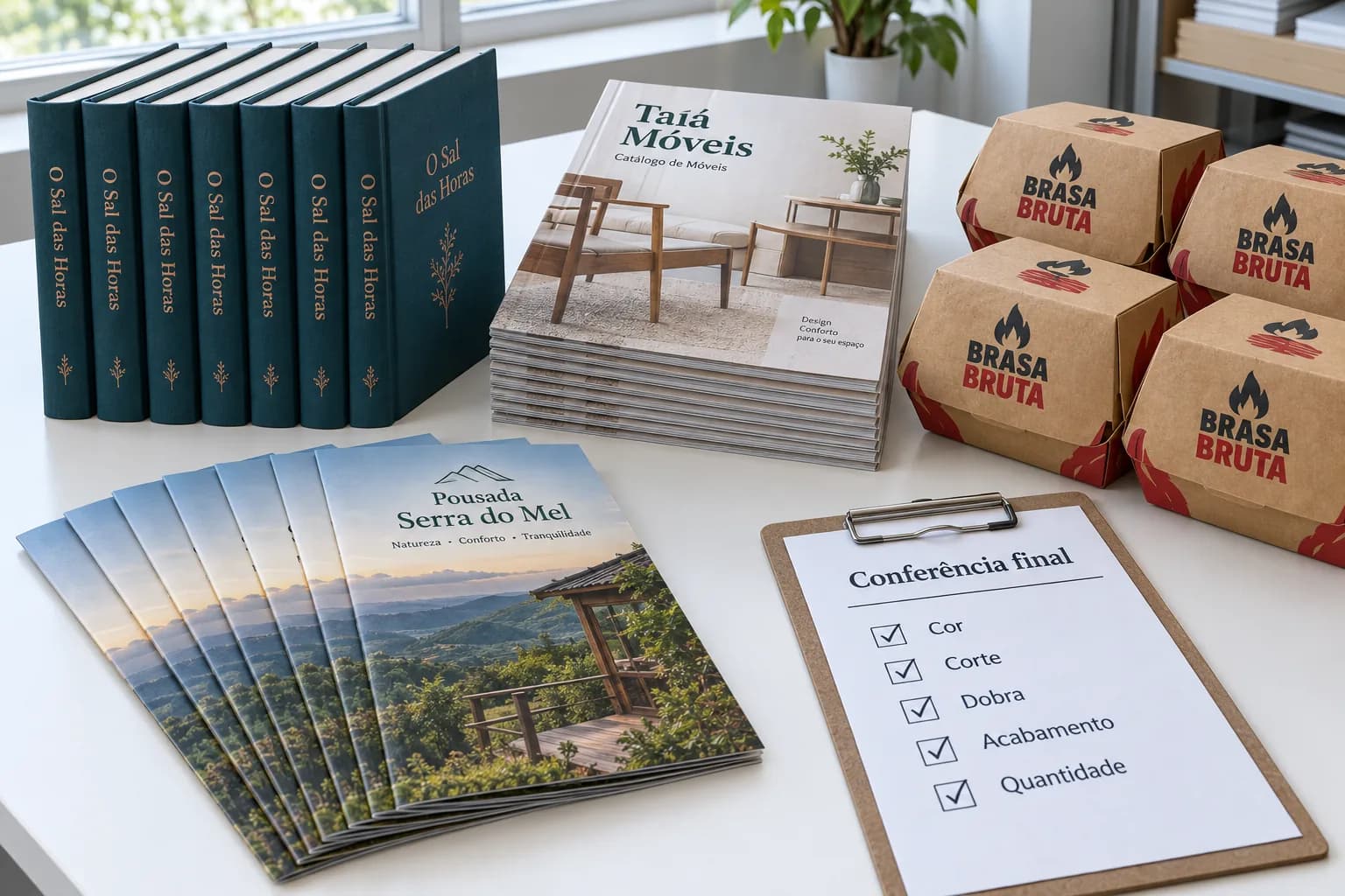 Livros, catálogos, folders e caixas montadas dispostos sobre uma mesa branca para conferência final