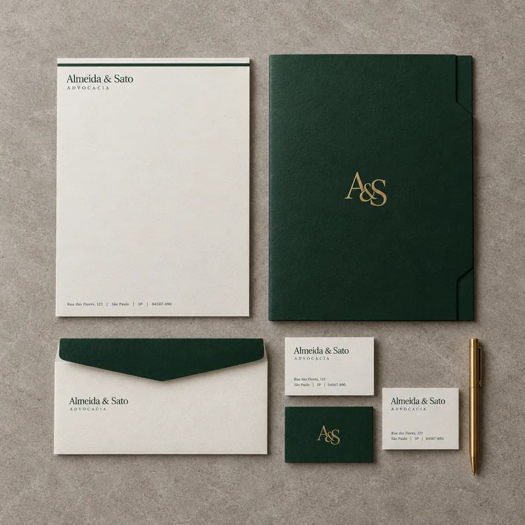 Kit de papelaria do escritório fictício Almeida & Sato Advocacia em verde-escuro e branco: timbrado, envelope, pasta com monograma dourado e cartões de visita