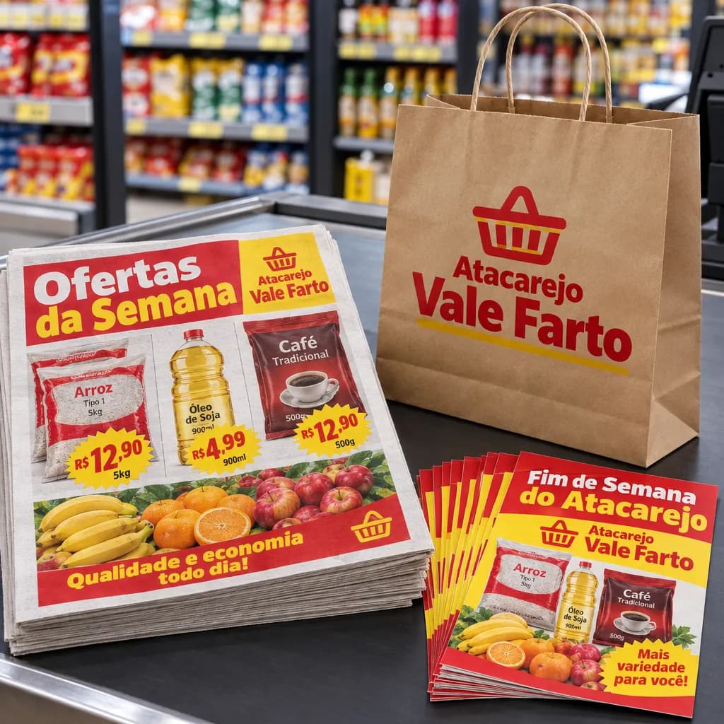 Impressos do atacarejo fictício Atacarejo Vale Farto em vermelho e amarelo sobre o caixa de uma loja: pilha de tabloides Ofertas da Semana com preços de arroz, óleo e café, folhetos Fim de Semana do Atacarejo em leque e sacola de papel kraft com alça