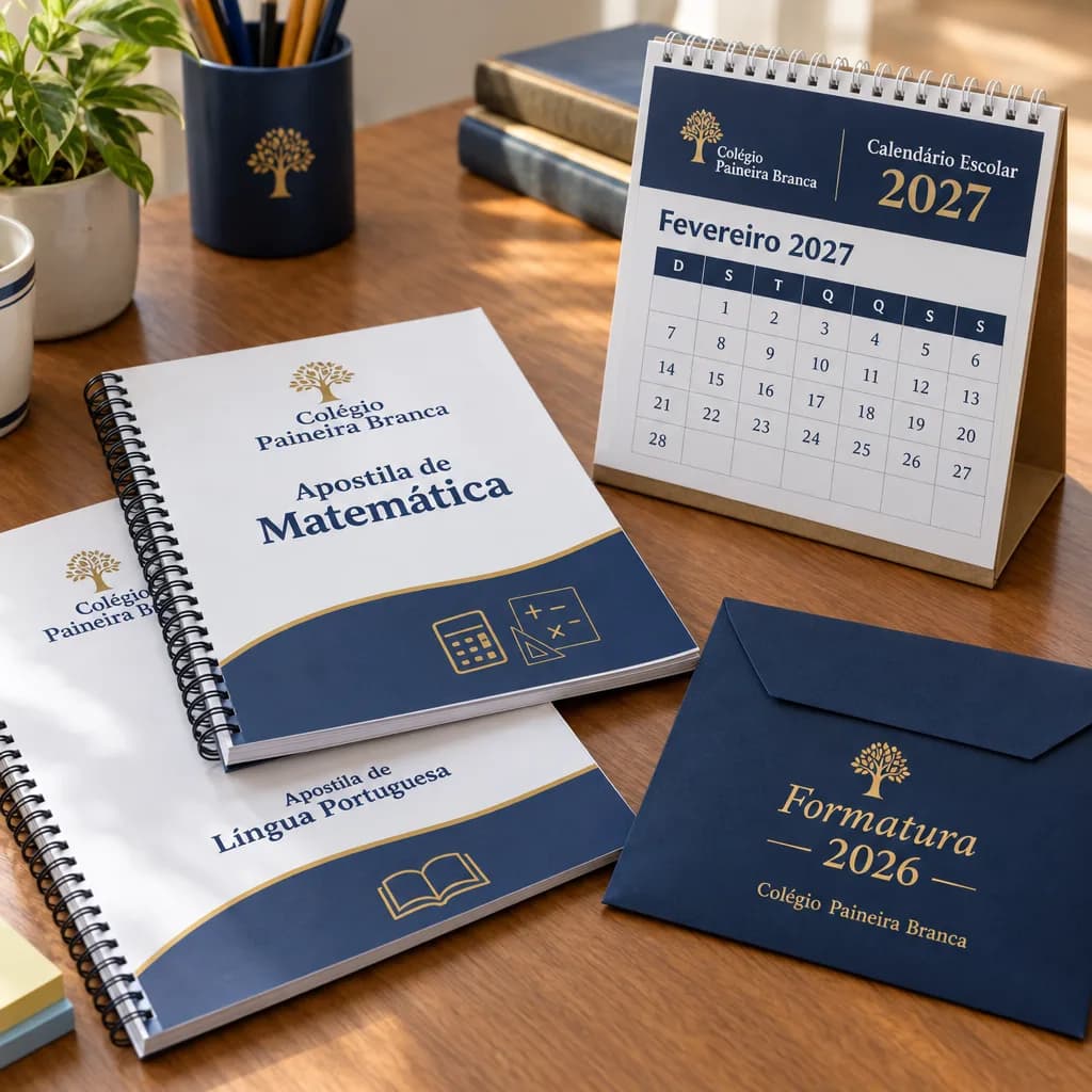 Impressos da escola fictícia Colégio Paineira Branca em azul-marinho e dourado: apostilas com espiral de Matemática e Língua Portuguesa, calendário escolar de mesa 2027 aberto em fevereiro e envelope de formatura com a inscrição Formatura 2026 em dourado