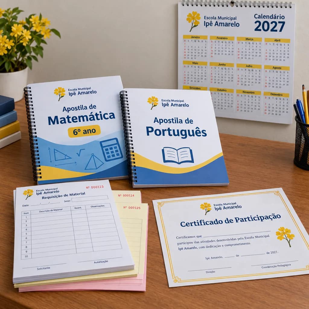 Impressos da escola fictícia Escola Municipal Ipê Amarelo: blocos de requisição numerados com vias coloridas, apostilas com espiral de Matemática e Português, certificado de participação e calendário de parede 2027