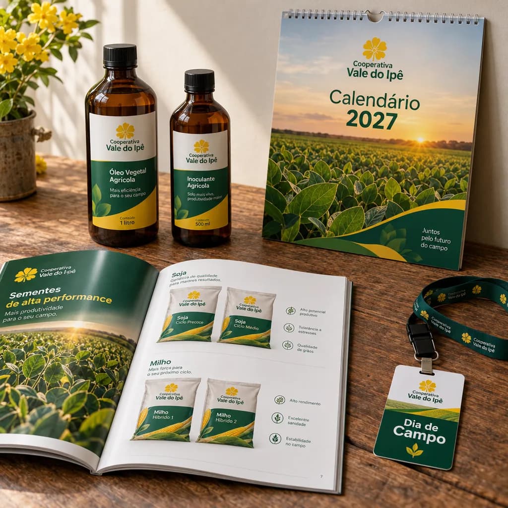 Kit impresso da cooperativa fictícia Cooperativa Vale do Ipê, em verde e amarelo: catálogo de sementes aberto, frascos com rótulos, calendário de parede 2027 e credencial de dia de campo com cordão
