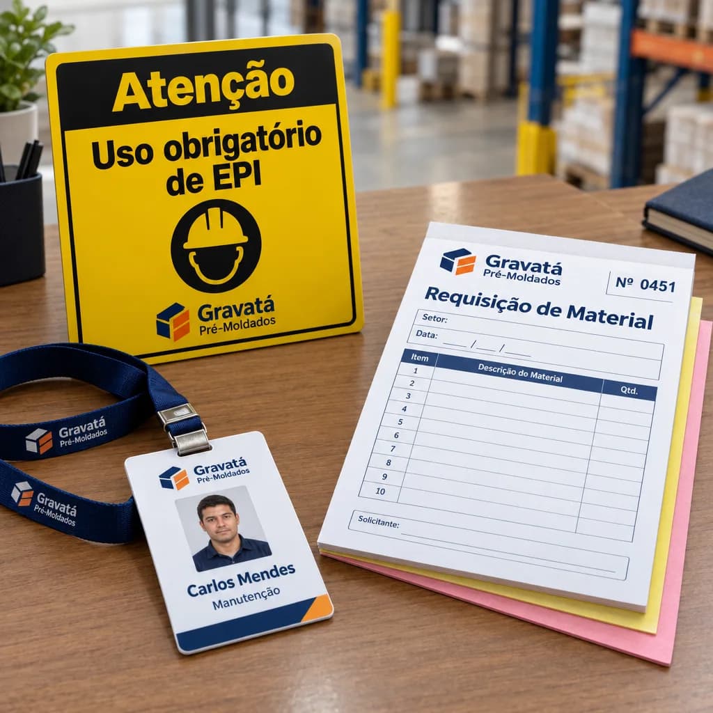 Impressos da indústria fictícia Gravatá Pré-Moldados em azul-marinho e laranja: placa amarela de sinalização Atenção, uso obrigatório de EPI, crachá de funcionário em PVC com foto e cordão personalizado, e bloco Requisição de Material numerado com vias branca, amarela e rosa