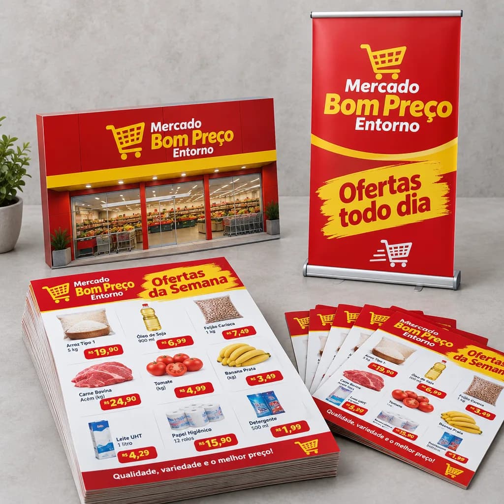 Materiais do supermercado fictício Mercado Bom Preço Entorno, em vermelho e amarelo: pilha de panfletos Ofertas da Semana, painel-modelo de fachada e banner roll-up Ofertas todo dia